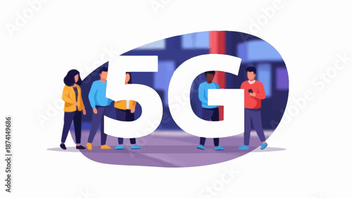 People interacting with giant "5G" text overlaying a blurred urban background
