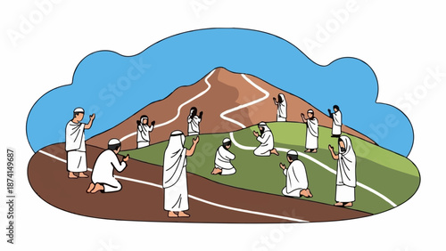People in white praying on a green hill with a mountain and blue sky background