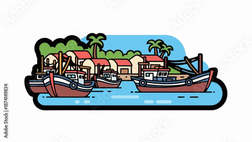 Peaceful harbor with fishing boats and tropical village backdrop