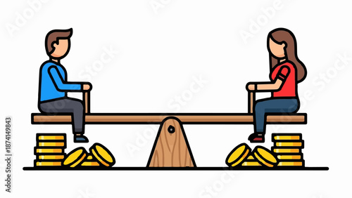 People and coins balanced on a seesaw