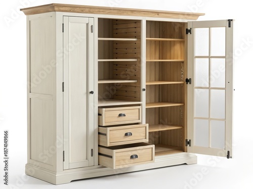 Cream colored wooden cabinet with glass door and open shelves, isolated on white background