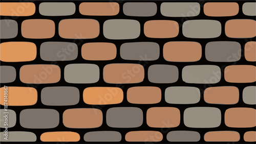 Pattern of rounded rectangular bricks in brown and gray on a black background