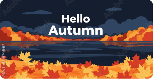 Peaceful autumn scene with colorful foliage reflected in calm water under a dark sky