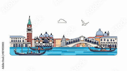 Stylized cartoon cityscape of Venice with gondolas on a canal and iconic architecture