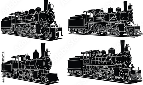 Steam locomotive silhouette set, vintage train engine collection, black railway transport illustration, classic industrial steam train vector design isolated graphic