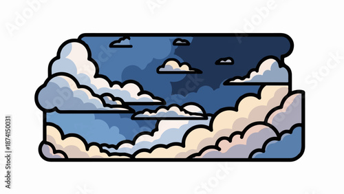 Stylized cartoon clouds in various shades of blue, white, and cream against a dark blue sky