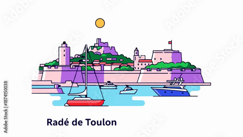 Stylized cartoon depicts a fortified coastal city with boats sailing in the bay under a bright sun