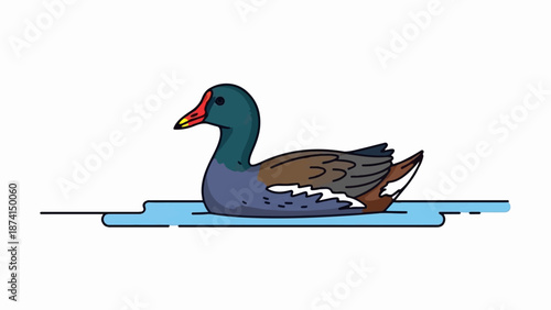 Stylized cartoon duck with red and yellow beak floats serenely on blue water