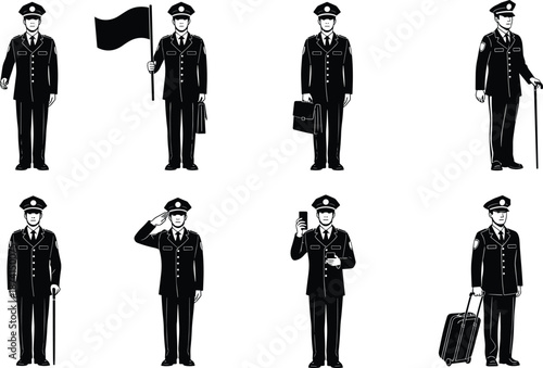 Police officer silhouette set showing uniformed cop poses standing saluting holding flag luggage isolated black vector illustration