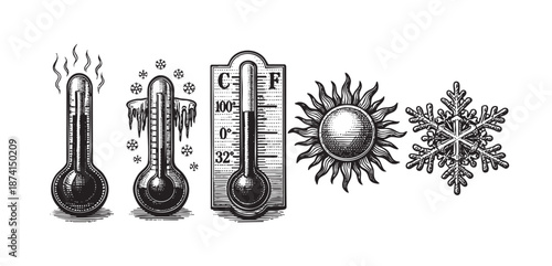 Vintage style illustration of thermometers showing hot and cold temperatures, with a sun and snowflake symbol, representing weather and climate.