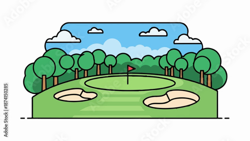 Stylized cartoon golf course with trees, sand traps, and a flag on the green