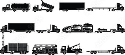 Truck transport silhouette collection showing cargo delivery logistics vehicles including trailer tanker dump isolated black vector illustration