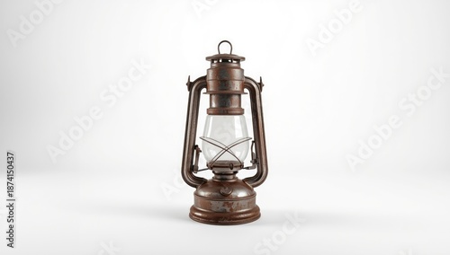 Antique hand-held carbide oil lamp displayed against a white surface, highlighting historical mining equipment