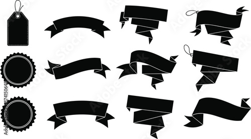 Vintage ribbon banner and label silhouette collection decorative tags scrolls seals isolated black vector illustration retro design elements
