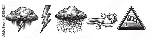 A collection of vintage-style black and white illustrations depicting various weather elements, including stormy clouds, lightning bolts, rainfall, wind swirls, and a windsock warning sign.