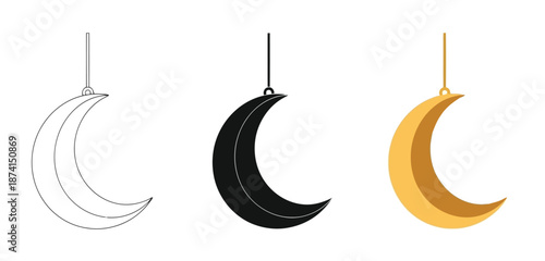 Crescent Moon Pendants Vector Set in Three Styles — Line Art, Silhouette and Color Version for Islamic Design, App UI, Posters and Branding