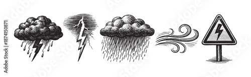 A collection of five black and white, hand-drawn style icons depicting stormy weather elements including rain clouds, lightning, wind gusts, and a high voltage warning sign.
