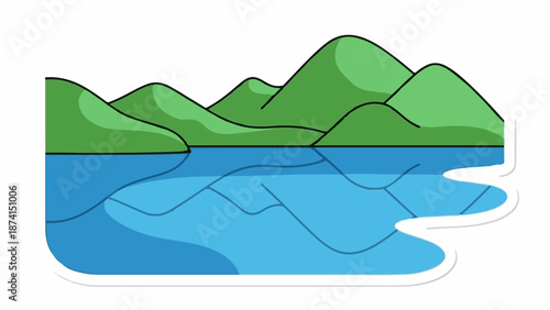 Rolling green hills meet calm blue water, reflecting a peaceful landscape
