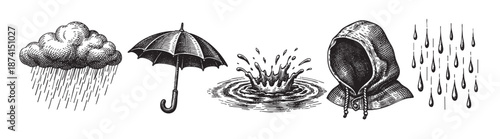 A classic black and white illustration featuring various rain-themed elements, including a stormy cloud, an open umbrella, a water splash, a hooded jacket, and falling raindrops.