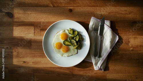 Wallpaper Mural Fried eggs alongside fried zucchini on a rustic wooden surface, highlighting cooking process, Food & Drink Torontodigital.ca