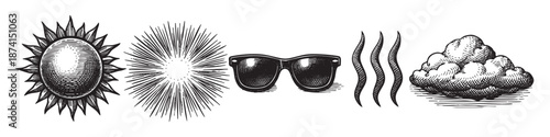 Black and white woodcut style illustrations of a sun, radiating lines, sunglasses, steam or heat waves, and a cloud arranged horizontally on a white background.