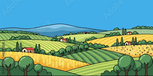Rolling hills with cultivated fields, cypress trees, and distant mountains under a clear blue sky