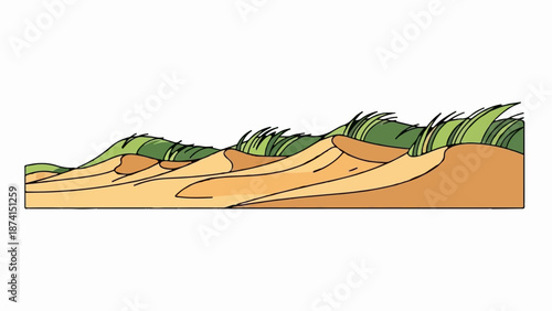 Rolling sand dunes with tufts of green grass blowing in the wind