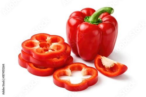 Whole red bell pepper with sliced pieces on white layout