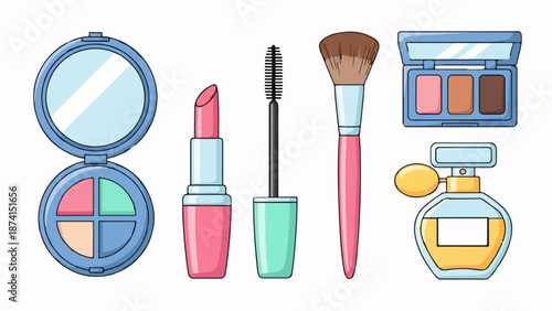 Set of makeup items including eyeshadow, lipstick, mascara, blush brush, and perfume