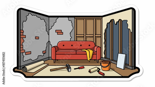 Room renovation with a red couch, tools, and exposed walls
