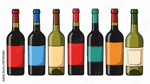 Seven bottles of wine with colorful labels lined up against a white background
