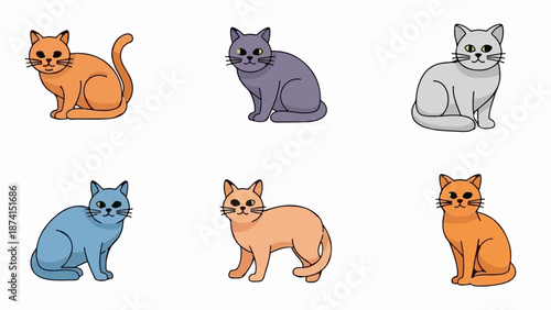 Six colorful cartoon cats are arranged in two rows on a white background