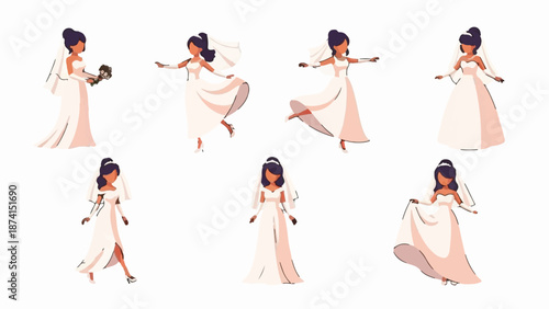 Seven brides in white gowns, various poses