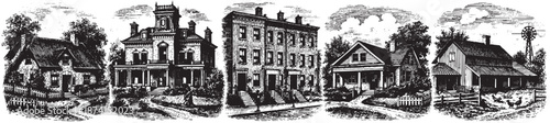 A vintage black and white illustration showcasing five distinct architectural styles: a cottage, villa, townhouse row, suburban home, and rural farmhouse.