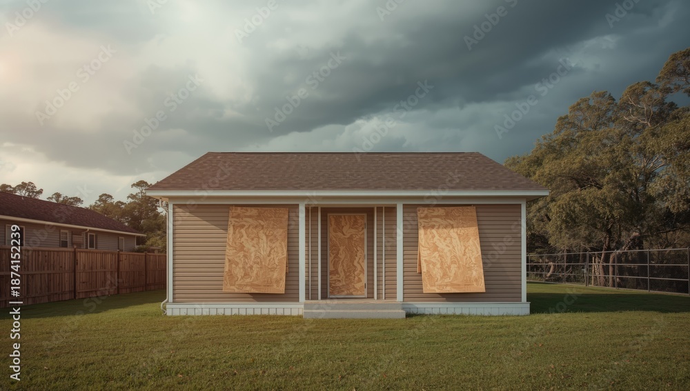 Obraz premium Window coverings made of plywood for storm defense, highlighting emergency preparedness measures