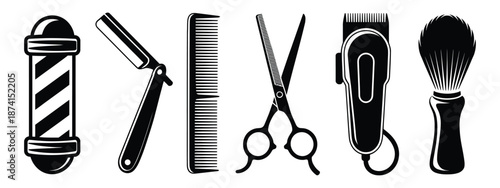 Barber Shop Tools with classic grooming equipment silhouettes including razor, scissors, comb, clipper, brush, and barber pole, clean flat vector on white background.