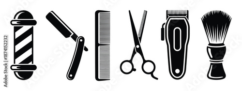 Barber Shop Tools with classic grooming equipment silhouettes including razor, scissors, comb, clipper, brush, and barber pole, clean flat vector on white background.