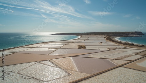 Coastal salt ponds on a European island landscape, highlighting natural mineral harvesting amid sea and land, World Environment Day
