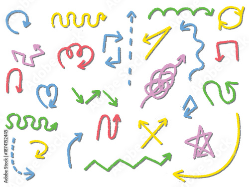 Hand-drawn chalk Colorful arrows, and doodle elements. Vector charcoal and crayon sketch strokes with arrows, swirls and other