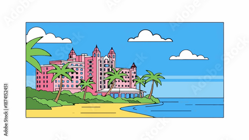 Pink hotel on beach with palm trees under a blue sky with clouds