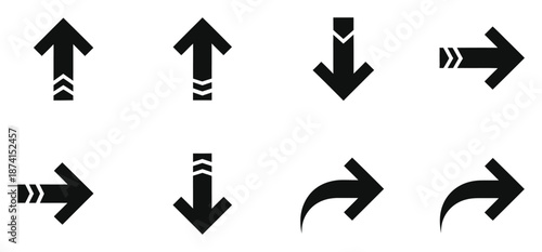 A collection of 8 black directional arrows on a white background