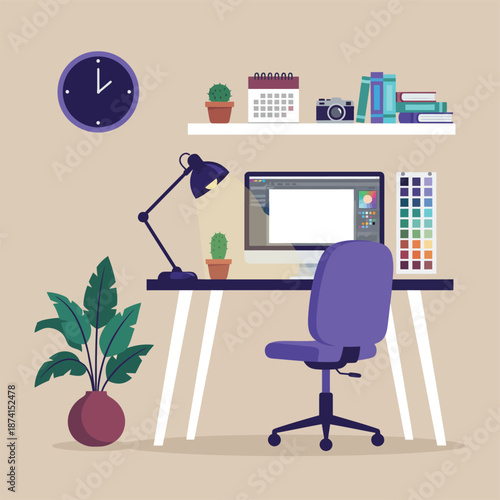 Home office workspace with modern furniture and plants