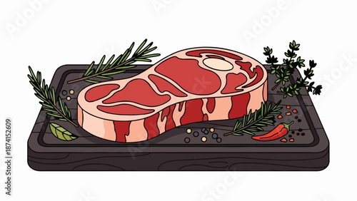 Raw steak with herbs and spices on a wooden board