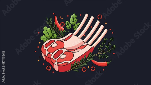 Raw rack of ribs with herbs, chili peppers, and peppercorns on a dark background