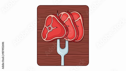 Raw steaks on a fork against a wooden plank background