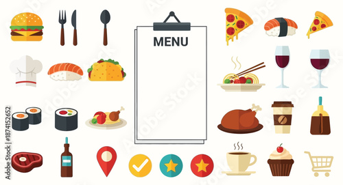 Restaurant menu with various food and drink items