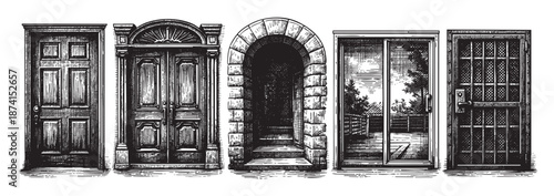 A black and white illustration showcases a variety of vintage doors and an arched entryway, rendered in a detailed sketch style, perfect for architectural concepts or historical themes.