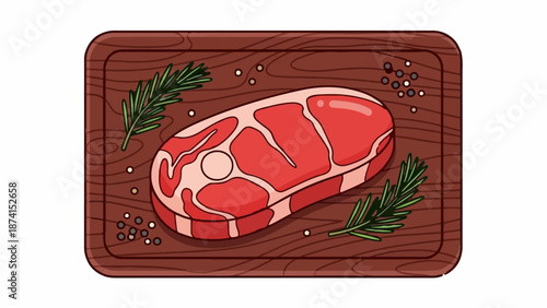 Raw steak with rosemary sprigs and peppercorns on a wooden board