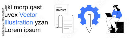Digital workflow, automation, financial processes, online work, technology, invoice management. Documents and gear symbol with a professional on a laptop. Digital workflow and automation concept