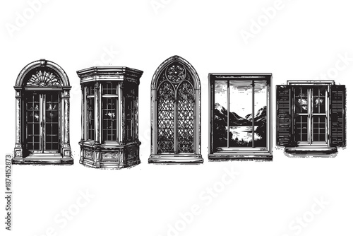 A collection of five distinct black and white architectural window designs, showcasing various styles from ornate gothic to simple shutters, with one featuring a scenic landscape view.